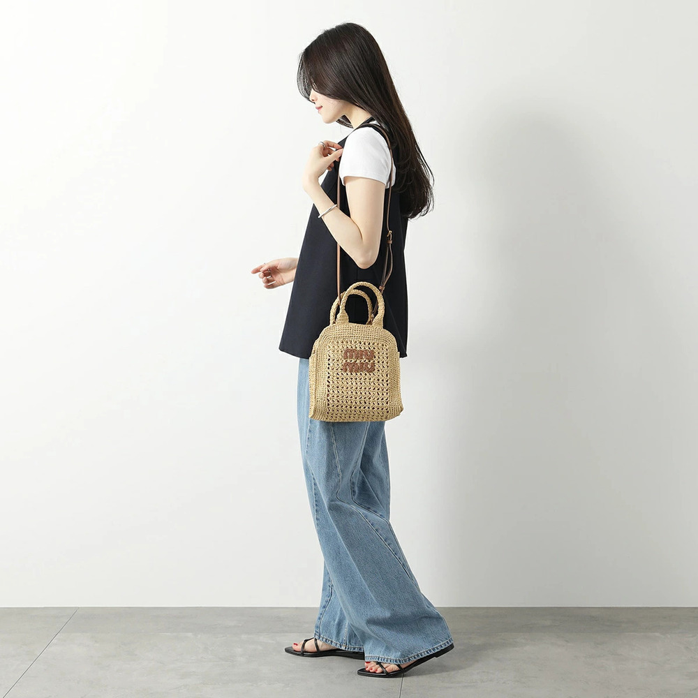 Miu Miu Basket Bag Raffia Crochet Tote NATURALECOGNAC